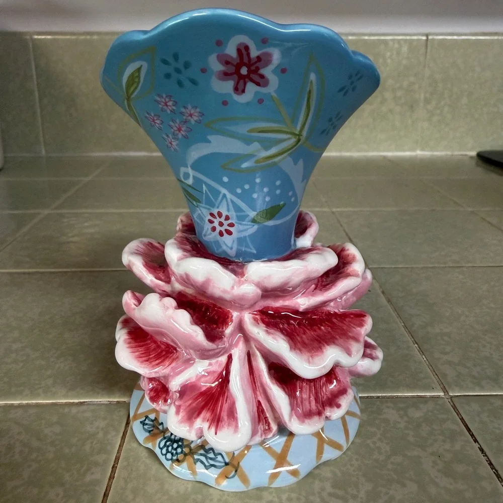 Tracy Porter Hand Painted Ceramic Flower Bud Vase Blue Pink Floral Cottagecore